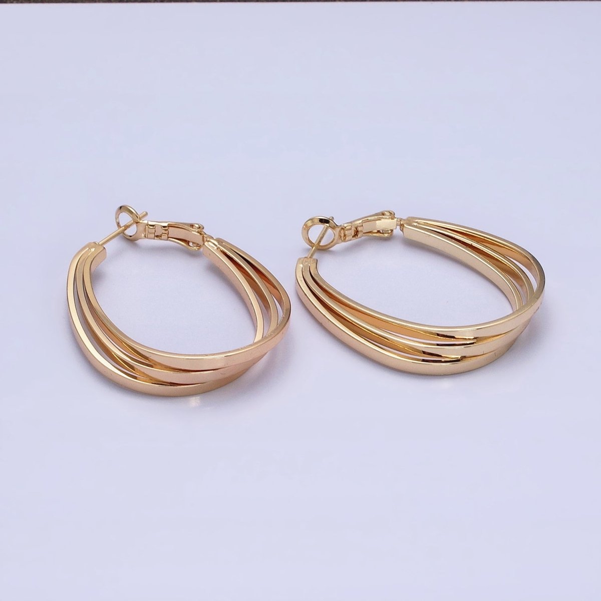 16K Gold Filled Triple Bar Oblong Geometric Hinge Hoop Earrings in Gold & Silver | AD879 AD880 - DLUXCA