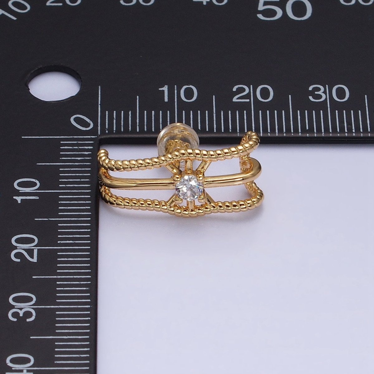 16K Gold Filled Triple Bar Twist Clear CZ 20mm Stud Earrings Set in Gold & Silver | AD1304 AD1305 - DLUXCA