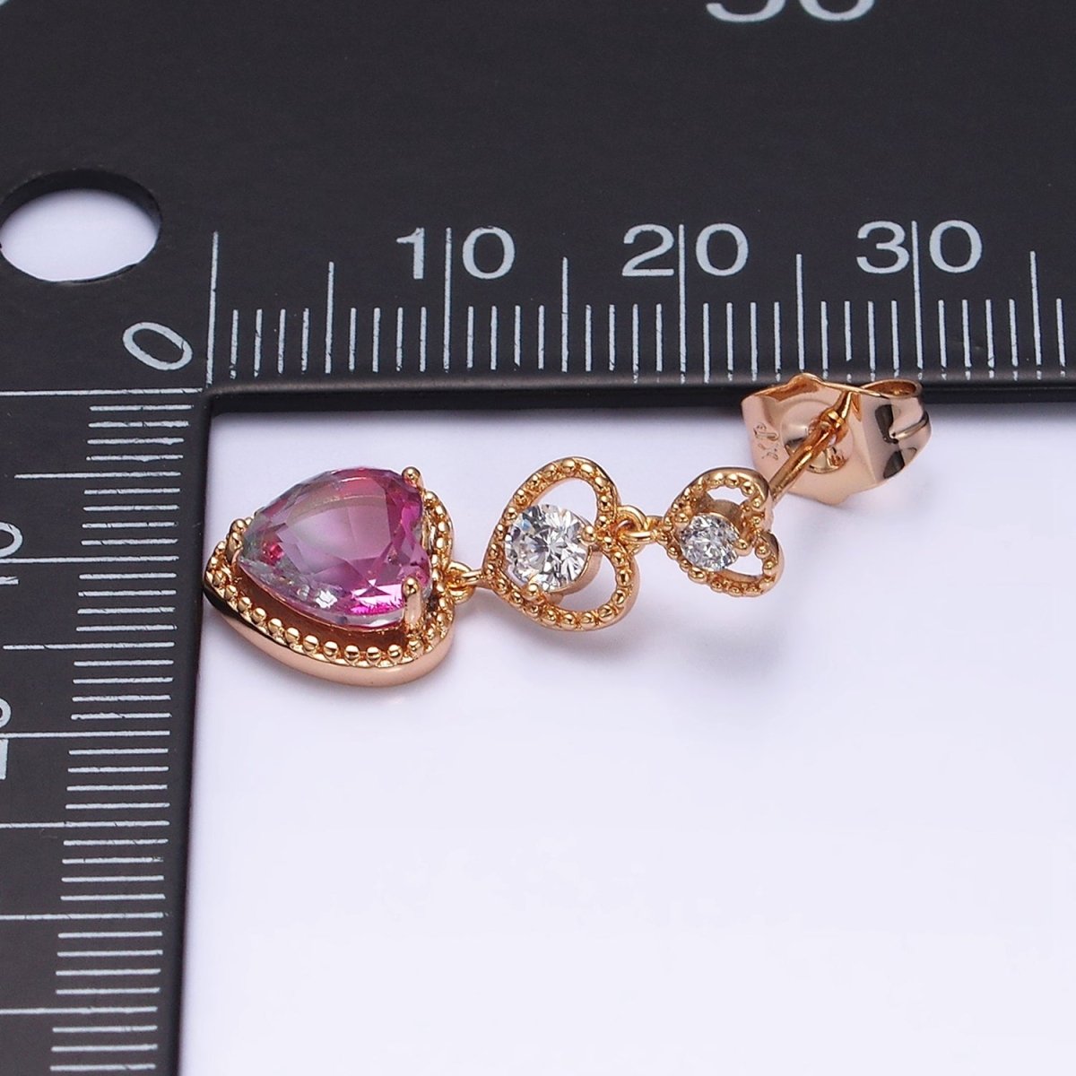 16K Gold Filled Triple Beaded Heart Pink Clear CZ Drop Stud Earrings | AD1458 - DLUXCA