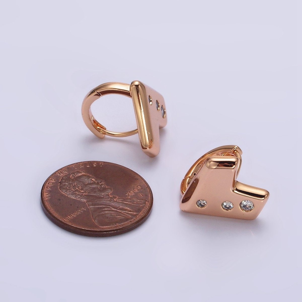 16K Gold Filled Triple Clear CZ Geometric Heart 12mm Cartilage Huggie Earrings | AE817 - DLUXCA