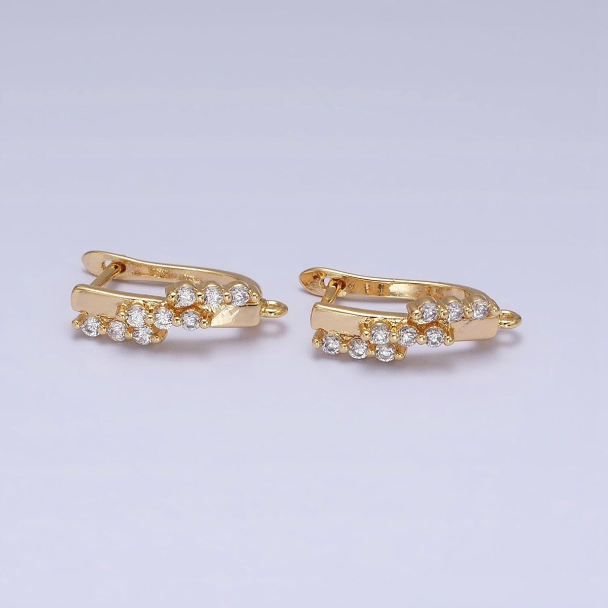 16K Gold Filled Triple CZ Lined Micro Paved Bar Open Loop English Lock Earrings Supply in Gold & Silver | Z-231 Z-232 - DLUXCA