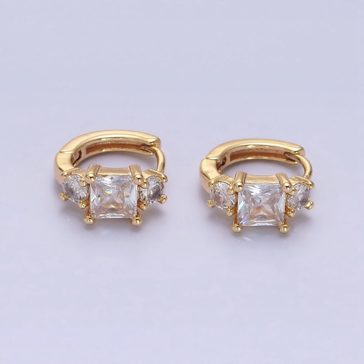 16K Gold Filled Triple CZ Square Round Clear Huggie Earrings in Gold & Silver | AB1443 AB1444 - DLUXCA