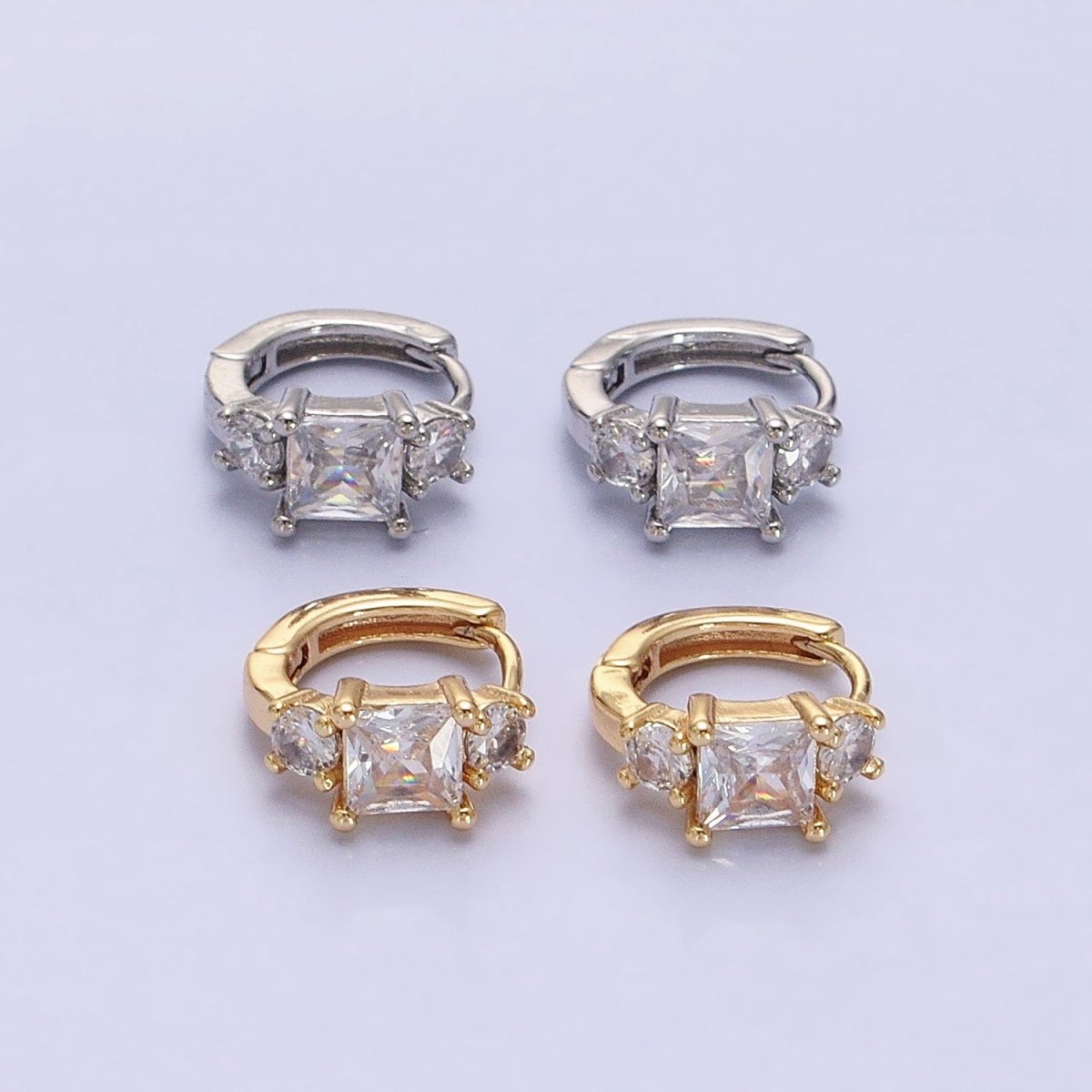 16K Gold Filled Triple CZ Square Round Clear Huggie Earrings in Gold & Silver | AB1443 AB1444 - DLUXCA