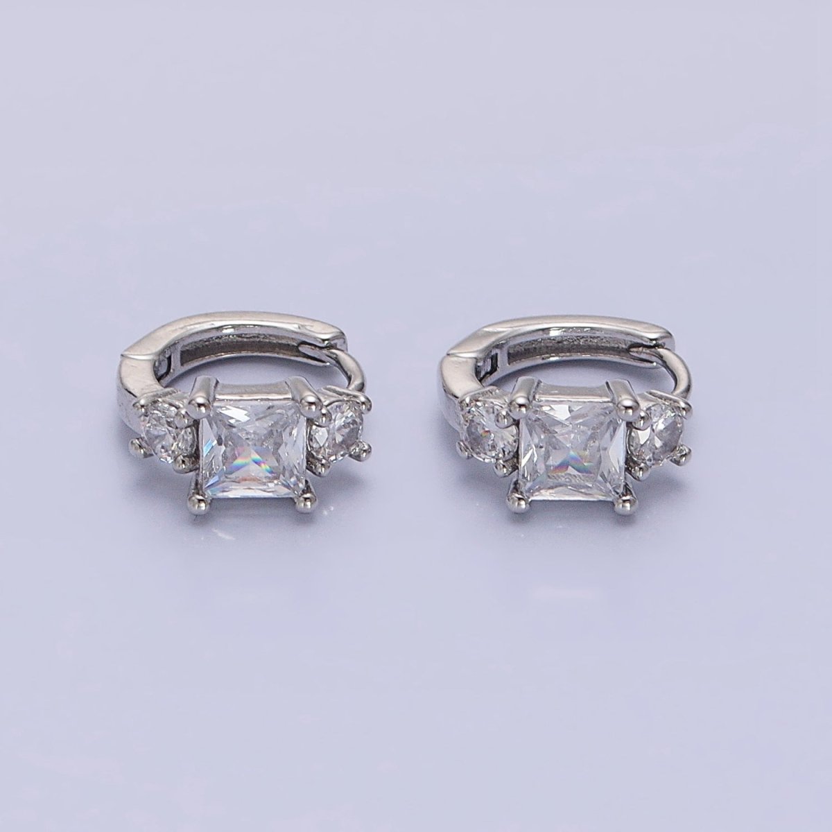 16K Gold Filled Triple CZ Square Round Clear Huggie Earrings in Gold & Silver | AB1443 AB1444 - DLUXCA