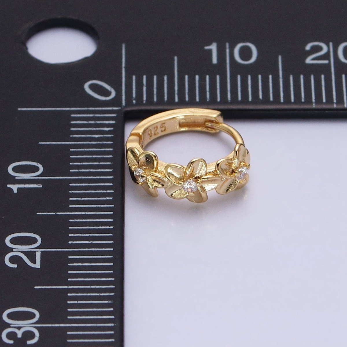 16K Gold Filled Triple Flower CZ Lined 12mm Huggie Earrings in Gold & Silver | AB1463 AB1464 - DLUXCA