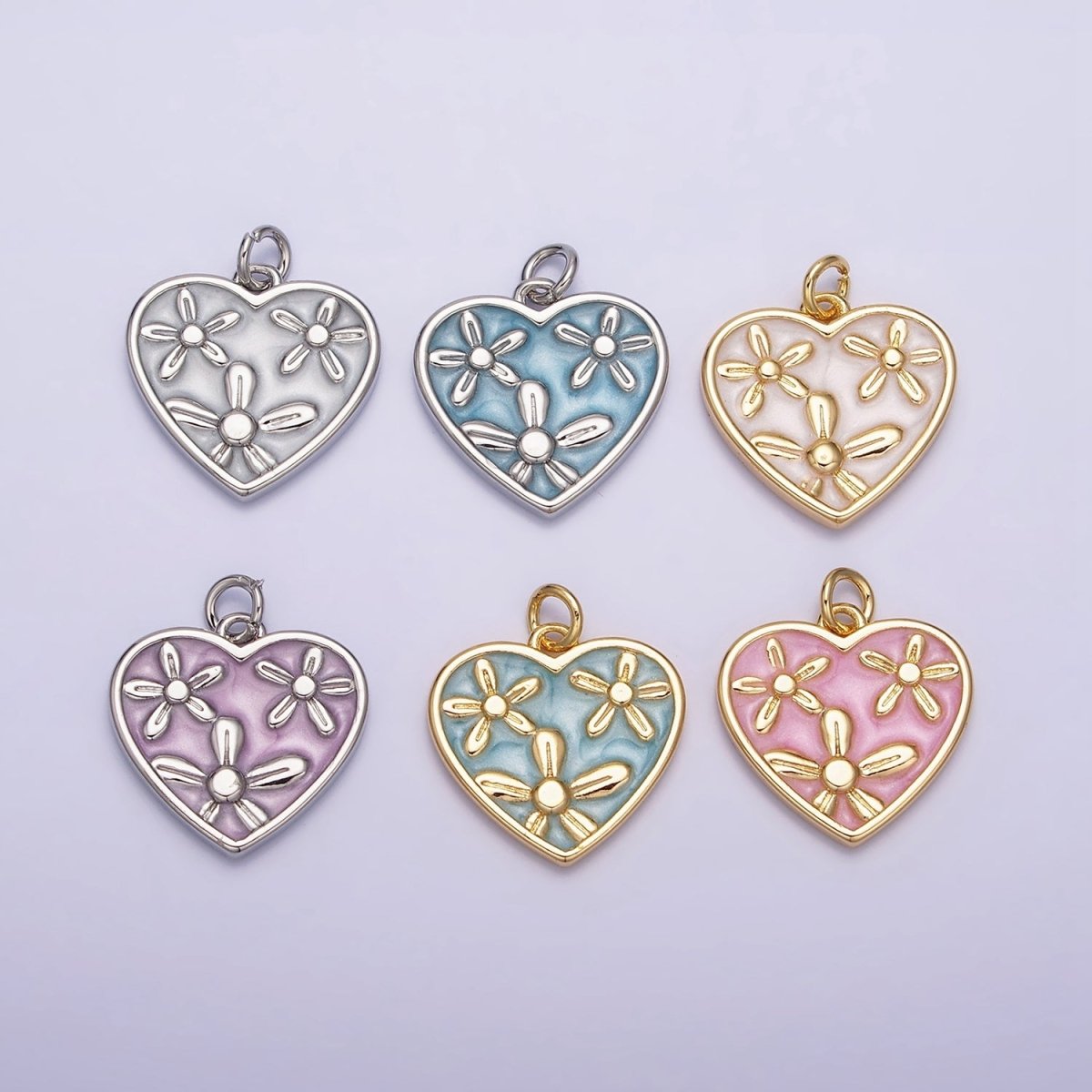 16K Gold Filled Triple Flower White, Pink, Blue Sparkly Enamel Heart Charm | AC1105 - AC1110 - DLUXCA