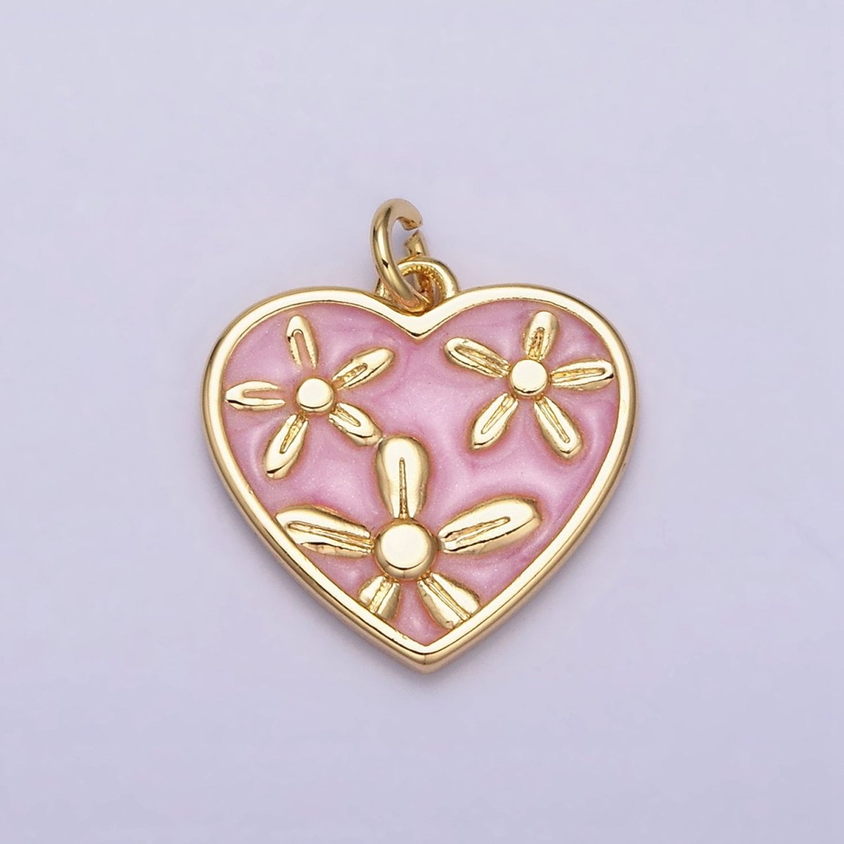 16K Gold Filled Triple Flower White, Pink, Blue Sparkly Enamel Heart Charm | AC1105 - AC1110 - DLUXCA