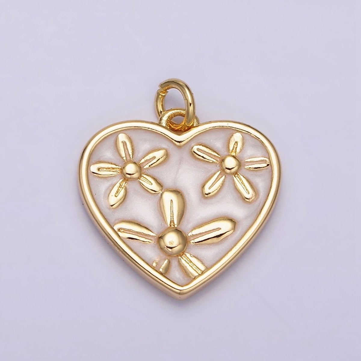 16K Gold Filled Triple Flower White, Pink, Blue Sparkly Enamel Heart Charm | AC1105 - AC1110 - DLUXCA