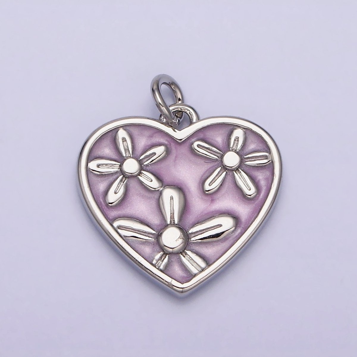 16K Gold Filled Triple Flower White, Pink, Blue Sparkly Enamel Heart Charm | AC1105 - AC1110 - DLUXCA