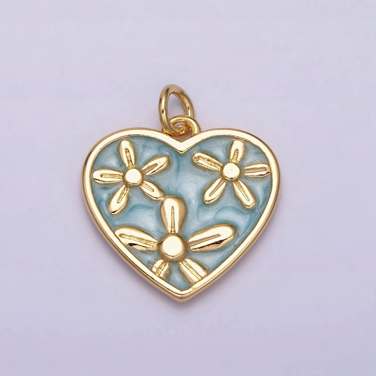 16K Gold Filled Triple Flower White, Pink, Blue Sparkly Enamel Heart Charm | AC1105 - AC1110 - DLUXCA