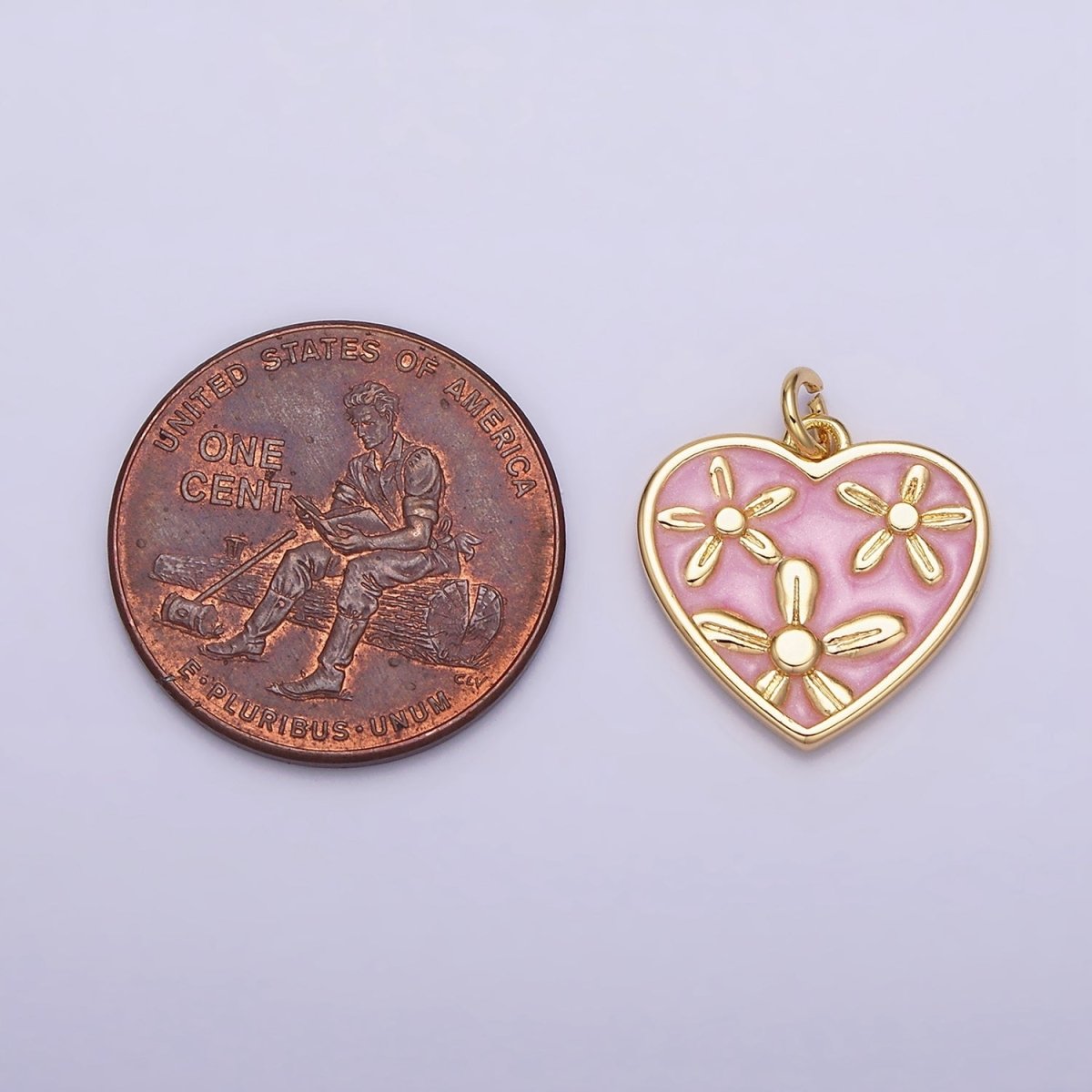 16K Gold Filled Triple Flower White, Pink, Blue Sparkly Enamel Heart Charm | AC1105 - AC1110 - DLUXCA