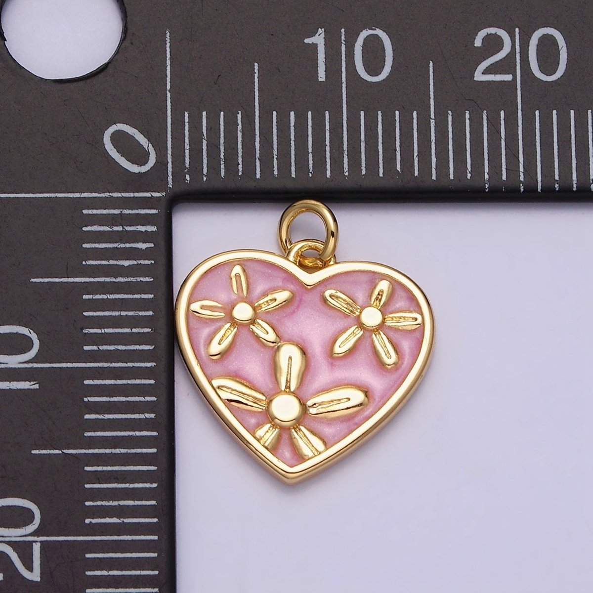 16K Gold Filled Triple Flower White, Pink, Blue Sparkly Enamel Heart Charm | AC1105 - AC1110 - DLUXCA