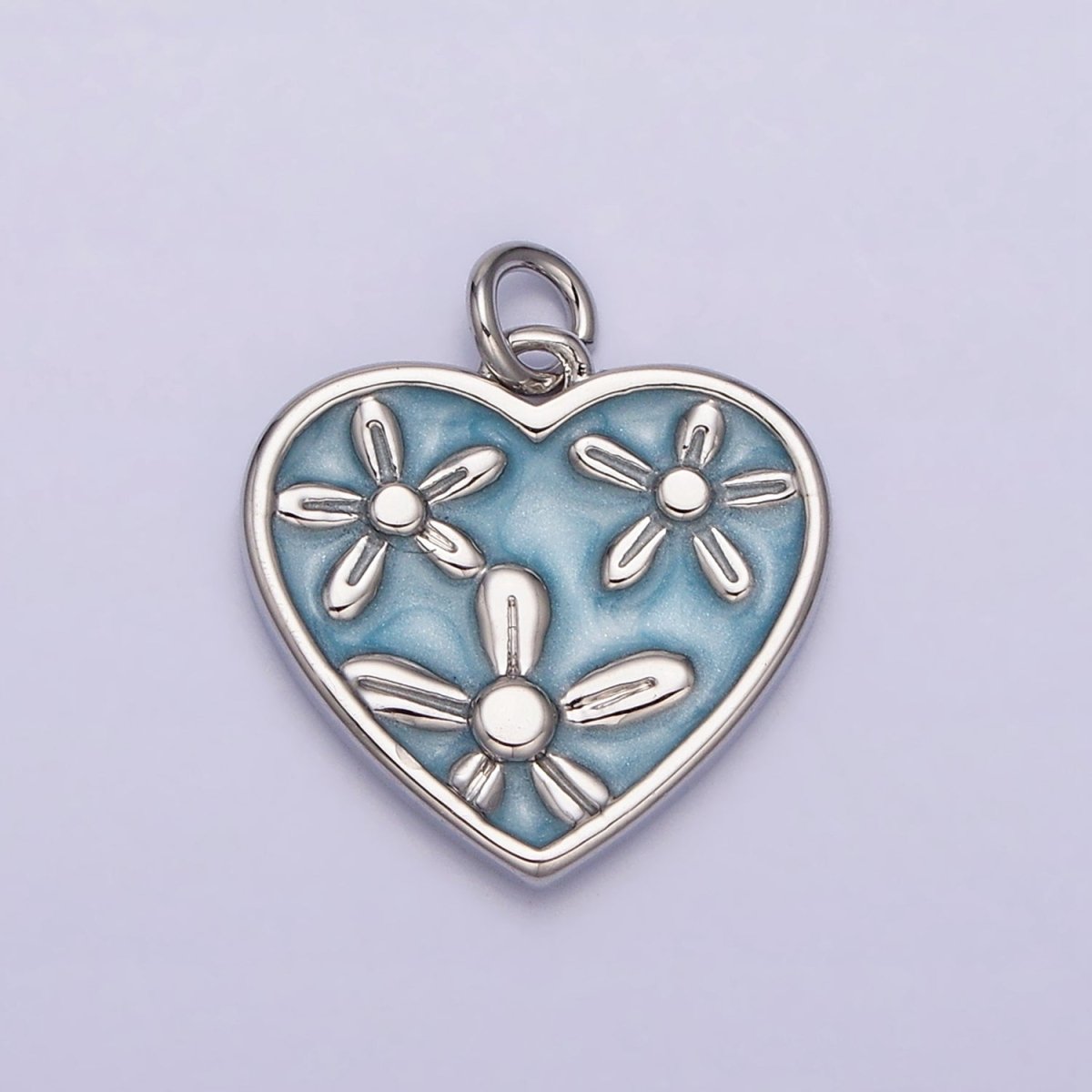 16K Gold Filled Triple Flower White, Pink, Blue Sparkly Enamel Heart Charm | AC1105 - AC1110 - DLUXCA