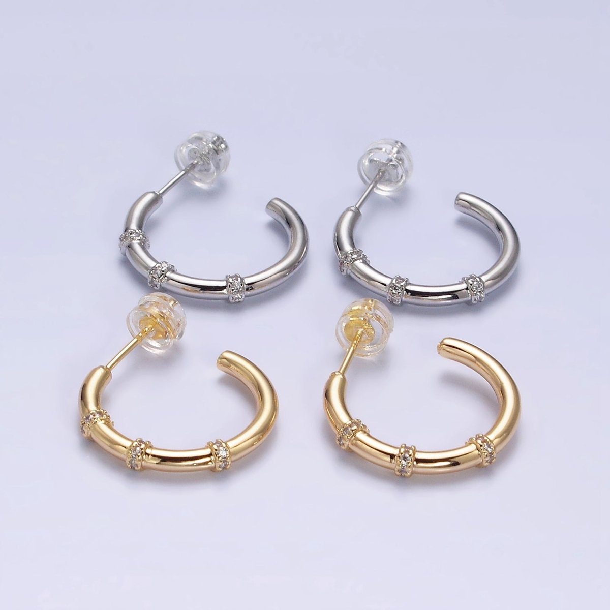 16K Gold Filled Triple Micro Paved CZ Lined C-Shaped Hoop Earrings in Gold & Silver | AD1261 AD1262 - DLUXCA