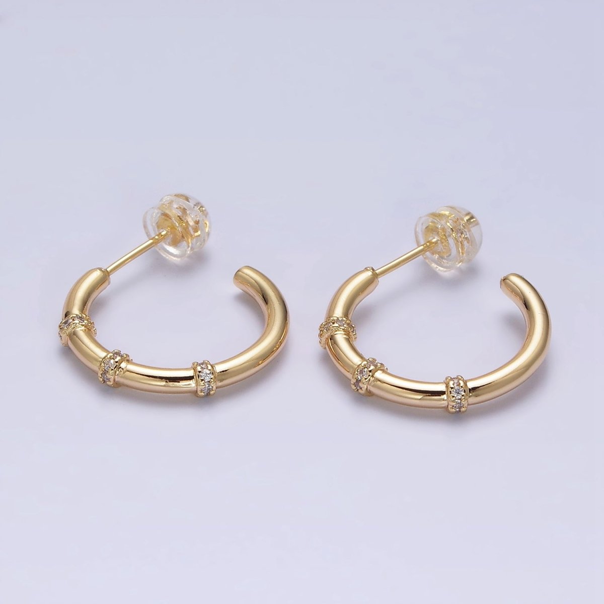 16K Gold Filled Triple Micro Paved CZ Lined C-Shaped Hoop Earrings in Gold & Silver | AD1261 AD1262 - DLUXCA