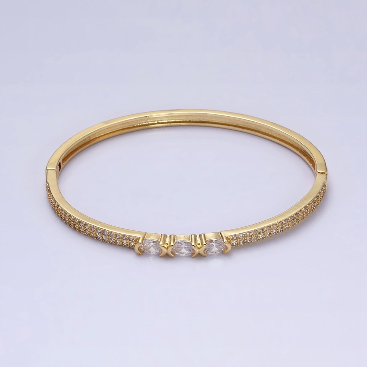 16K Gold Filled Triple Oval Lined CZ Micro Paved CZ Stackable Hinge Bangle Bracelet | WA-1760 Clearance Pricing - DLUXCA