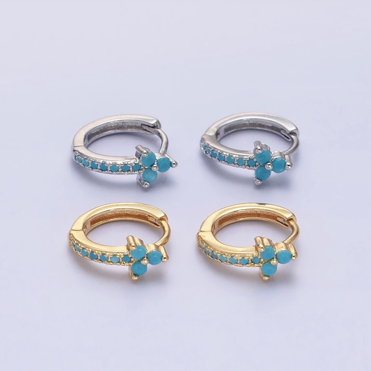 16K Gold Filled Turquoise Lined Arrow Triple Flower 11mm Cartilage Huggie Earrings in Gold & Silver | AB1474 AB1475 - DLUXCA