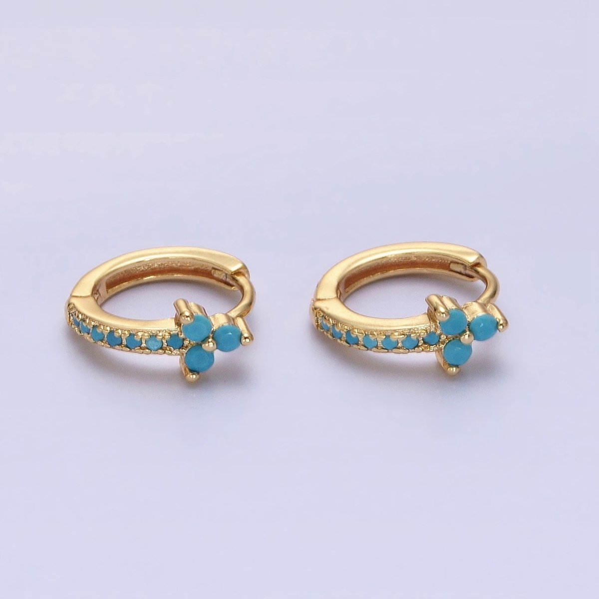 16K Gold Filled Turquoise Lined Arrow Triple Flower 11mm Cartilage Huggie Earrings in Gold & Silver | AB1474 AB1475 - DLUXCA