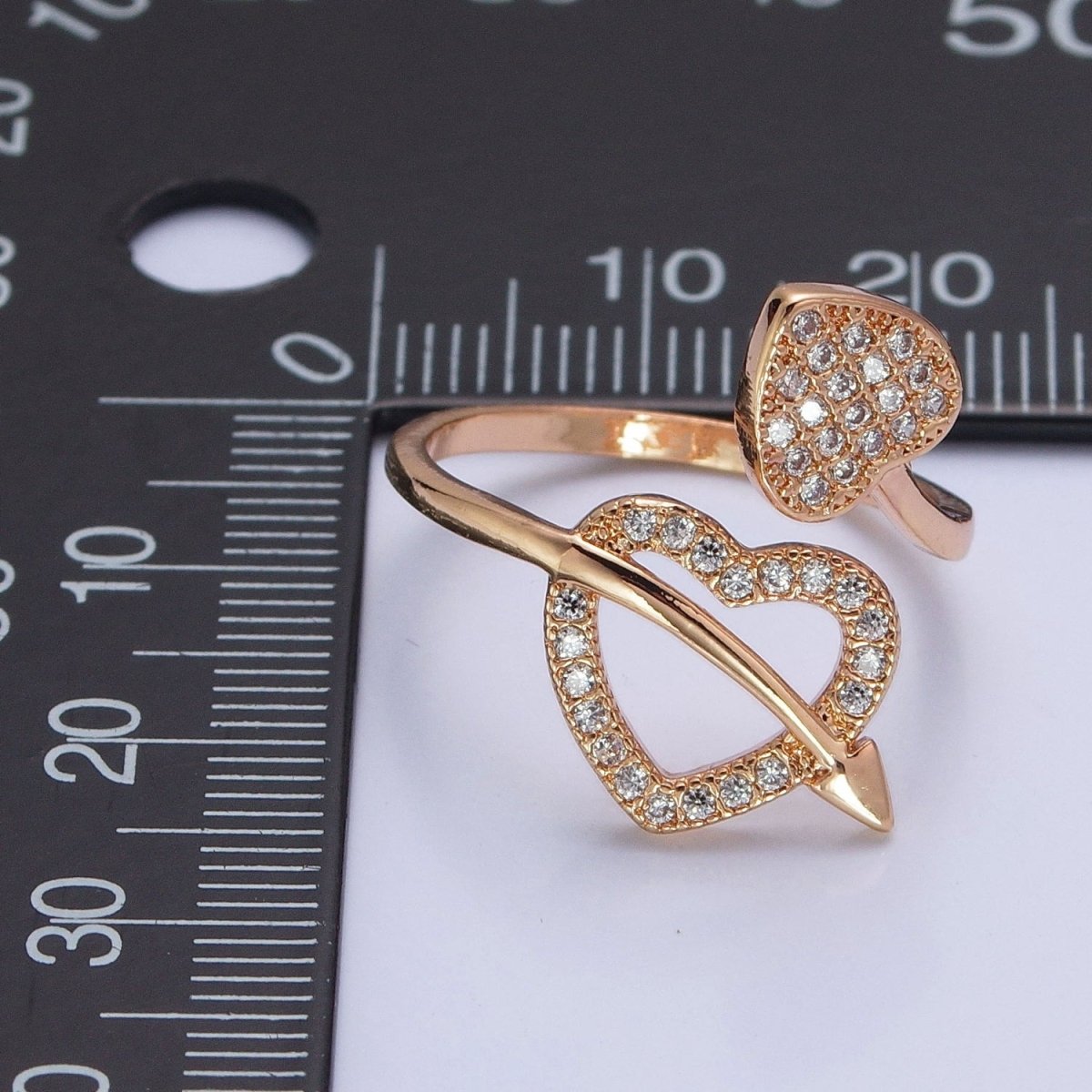 16K Gold Filled Two Micro Pave CZ Hearts with Arrow Open Adjustable Ring S-233 - DLUXCA