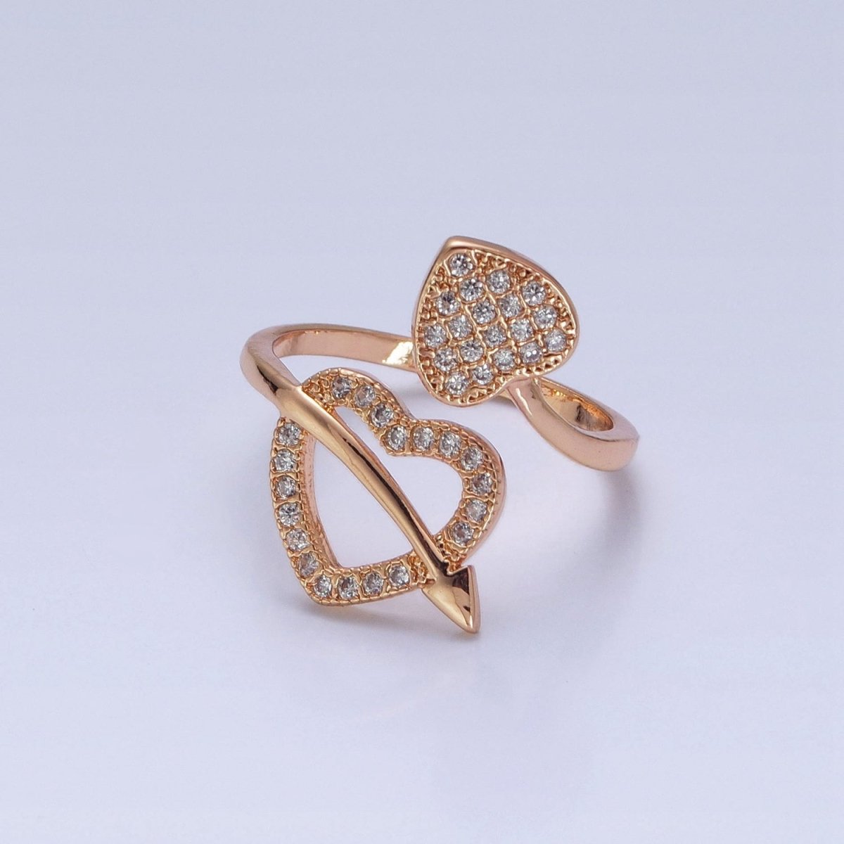 16K Gold Filled Two Micro Pave CZ Hearts with Arrow Open Adjustable Ring S-233 - DLUXCA