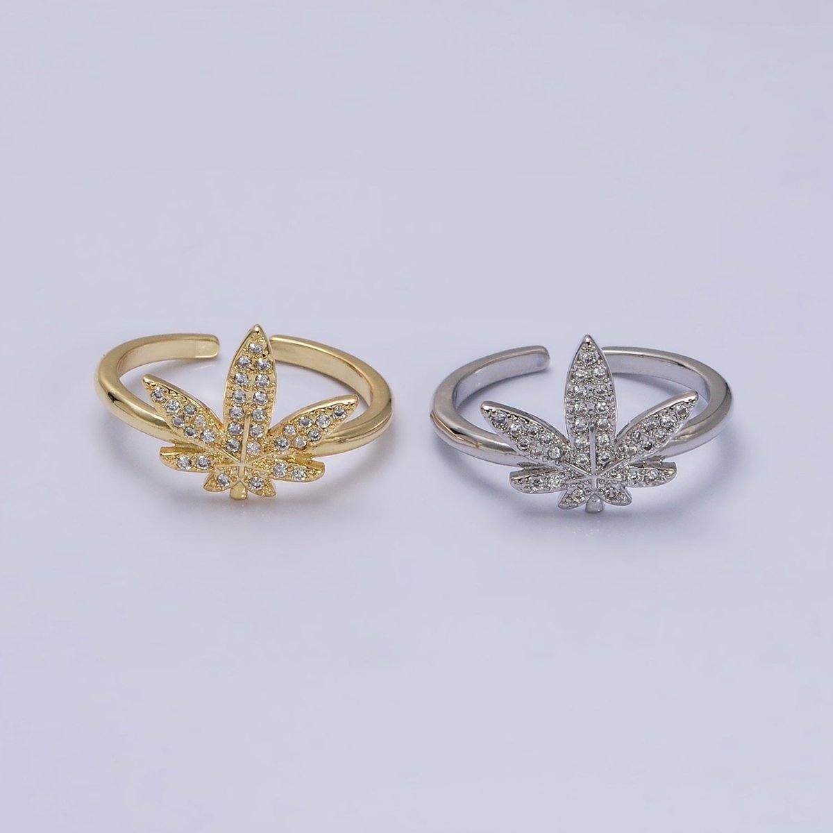 16K Gold Filled Weed Plant Micro Paved CZ Adjustable Ring in Gold & Silver | O-1613 O-1614 - DLUXCA
