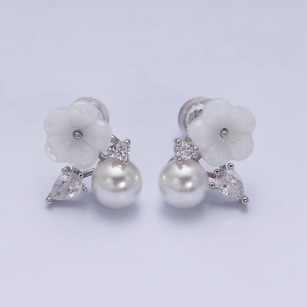 16K Gold Filled White Acrylic Flower Pearl CZ Stud Earrings in Gold & Silver | AD1558 AD1559 - DLUXCA