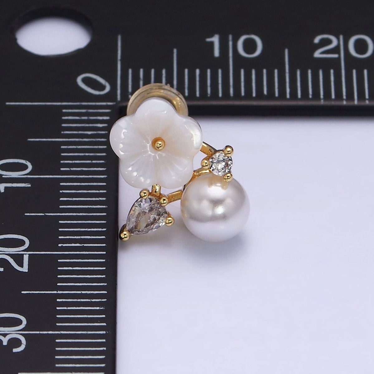 16K Gold Filled White Acrylic Flower Pearl CZ Stud Earrings in Gold & Silver | AD1558 AD1559 - DLUXCA