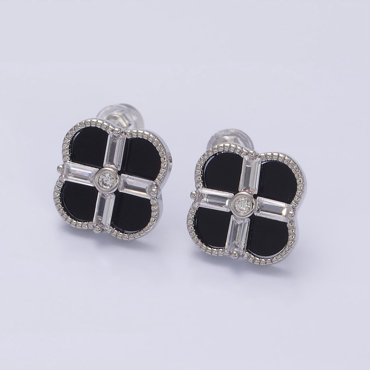 16K Gold Filled White, Black Baguette Quatrefoil Stud Earrings in Gold & Silver | AD1116 - AD1119 - DLUXCA