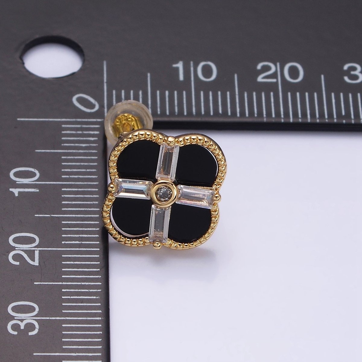 16K Gold Filled White, Black Baguette Quatrefoil Stud Earrings in Gold & Silver | AD1116 - AD1119 - DLUXCA