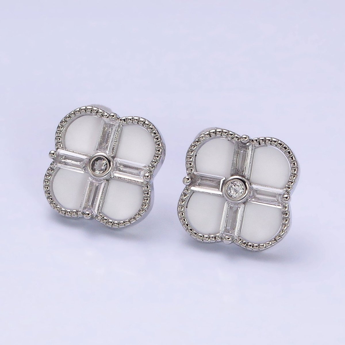 16K Gold Filled White, Black Baguette Quatrefoil Stud Earrings in Gold & Silver | AD1116 - AD1119 - DLUXCA