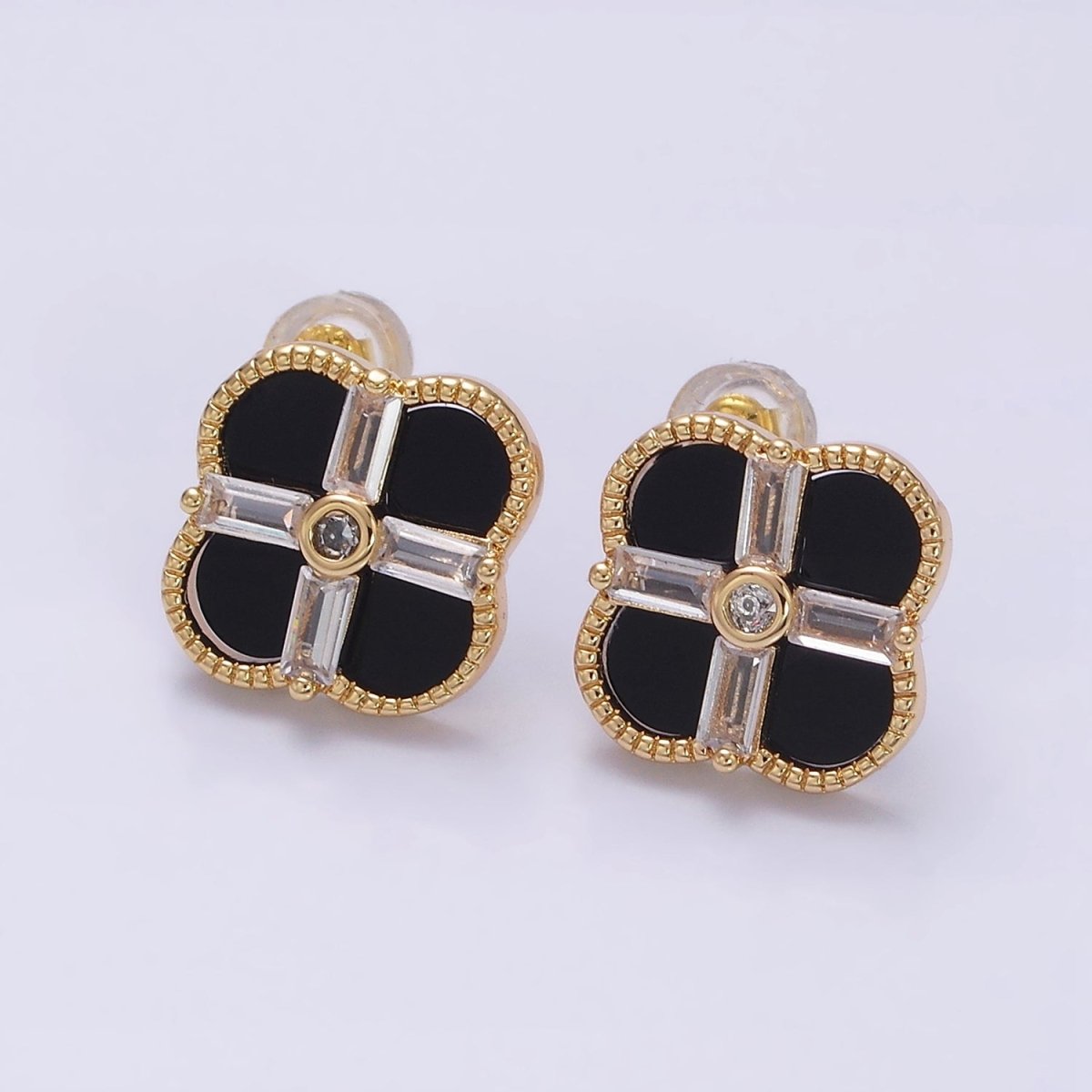 16K Gold Filled White, Black Baguette Quatrefoil Stud Earrings in Gold & Silver | AD1116 - AD1119 - DLUXCA