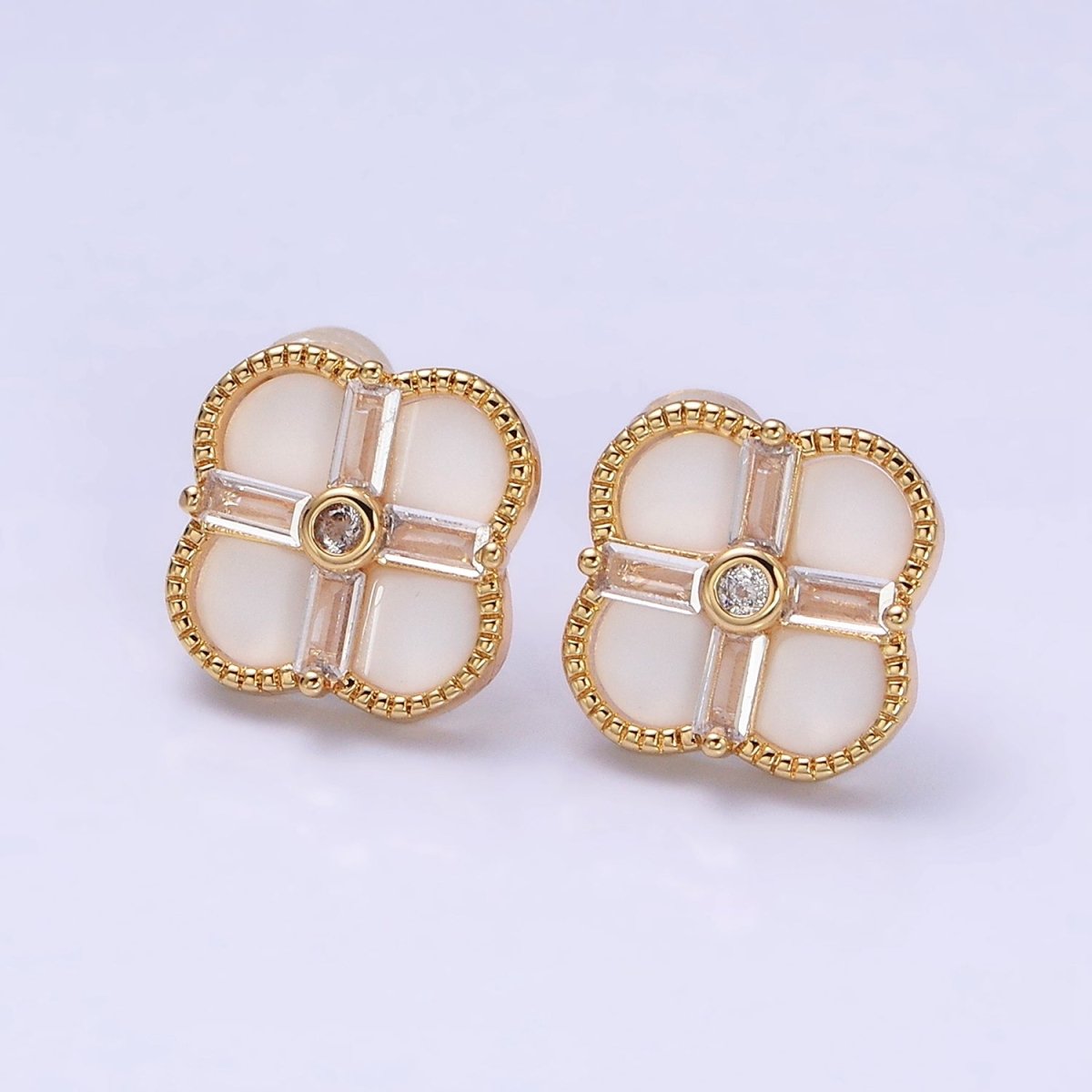 16K Gold Filled White, Black Baguette Quatrefoil Stud Earrings in Gold & Silver | AD1116 - AD1119 - DLUXCA