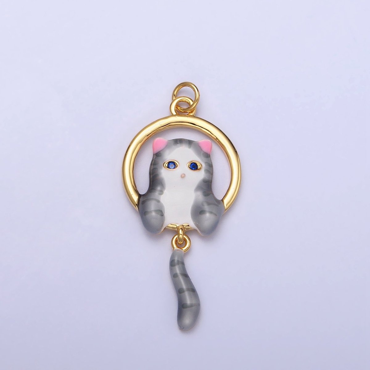 16K Gold Filled White, Grey Striped Kitty Cat Tail Dangle Round Open Animal Pet Charm in Gold & Silver | AC1276 - AC1279 - DLUXCA