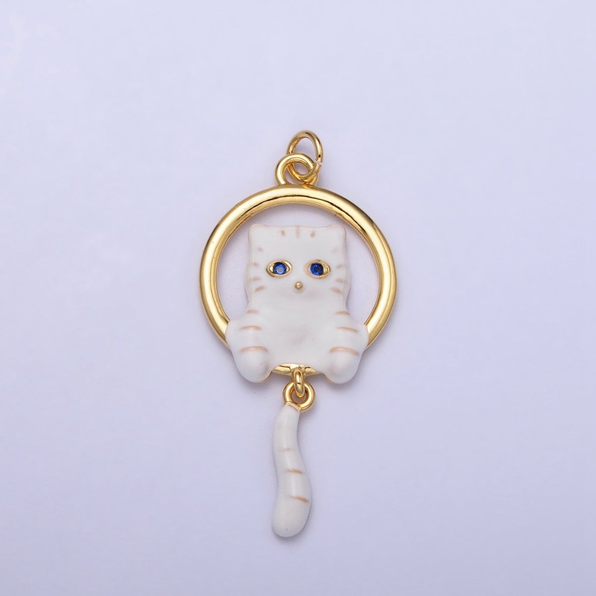 16K Gold Filled White, Grey Striped Kitty Cat Tail Dangle Round Open Animal Pet Charm in Gold & Silver | AC1276 - AC1279 - DLUXCA