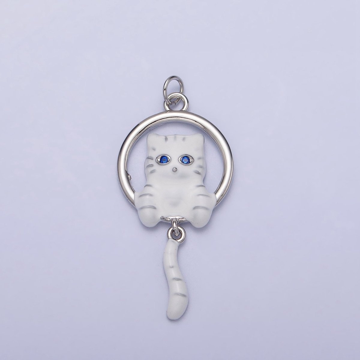 16K Gold Filled White, Grey Striped Kitty Cat Tail Dangle Round Open Animal Pet Charm in Gold & Silver | AC1276 - AC1279 - DLUXCA