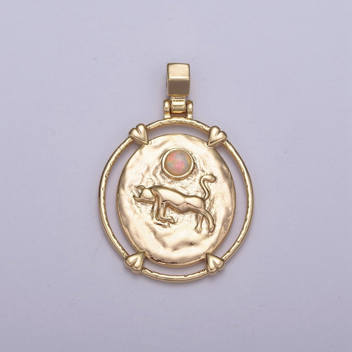 16K Gold Filled White Opal Zodiac Horoscope Heart Edge Oval Medallion Pendant | A-876-A-888 - DLUXCA