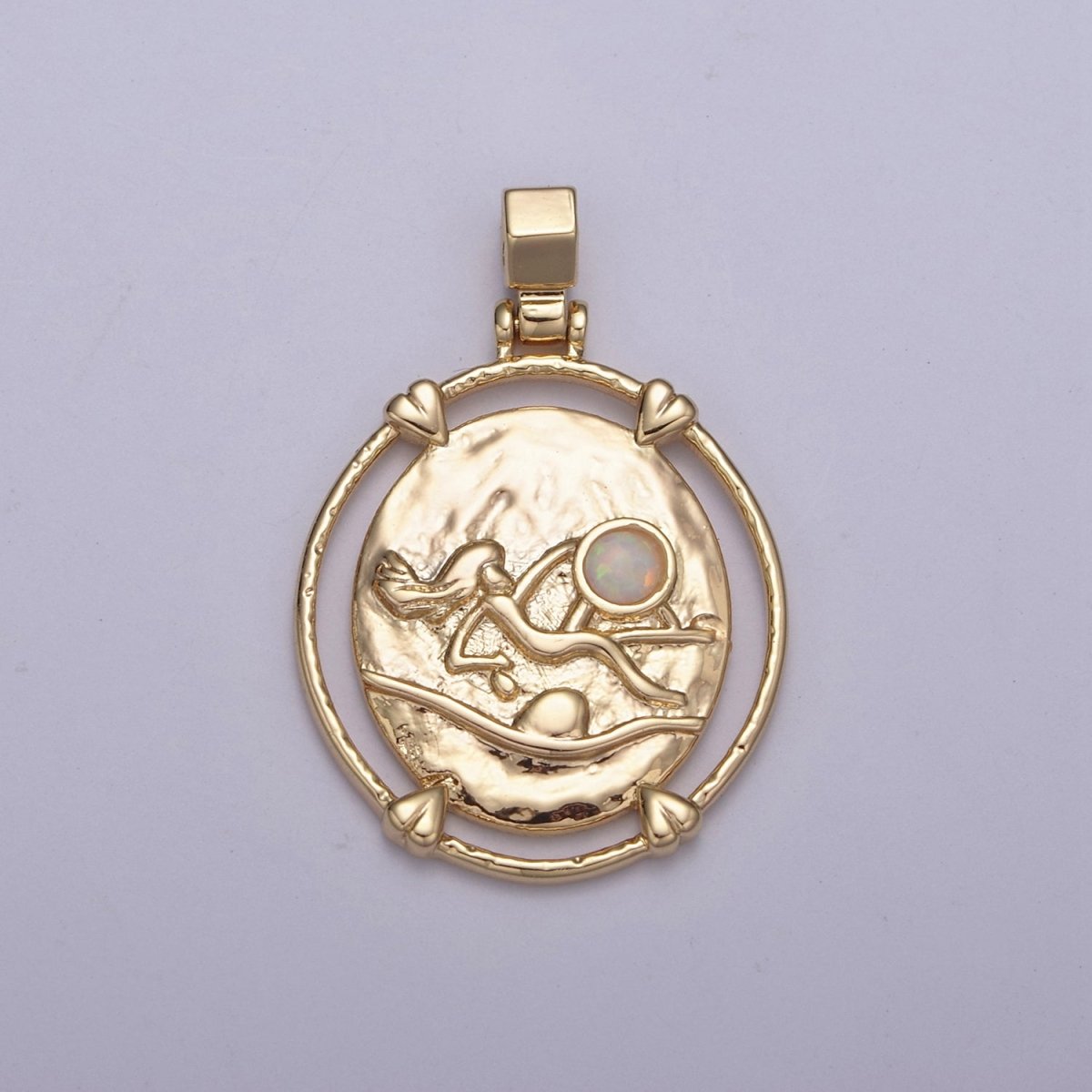 16K Gold Filled White Opal Zodiac Horoscope Heart Edge Oval Medallion Pendant | A-876-A-888 - DLUXCA