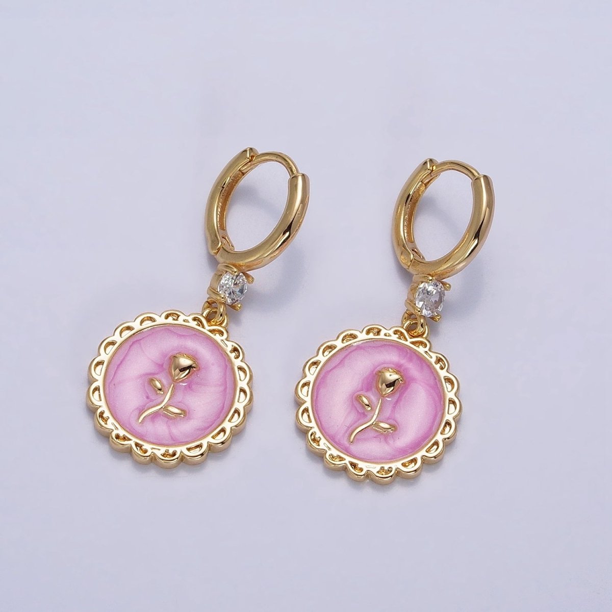 16K Gold Filled White, Pink, Blue Sparkly Enamel Rose Flower Round CZ Drop Huggie Earrings | AB1469 - AB1471 - DLUXCA