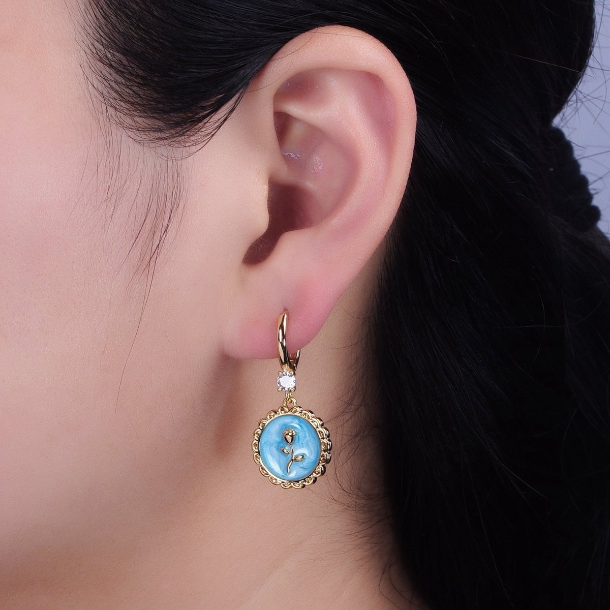 16K Gold Filled White, Pink, Blue Sparkly Enamel Rose Flower Round CZ Drop Huggie Earrings | AB1469 - AB1471 - DLUXCA