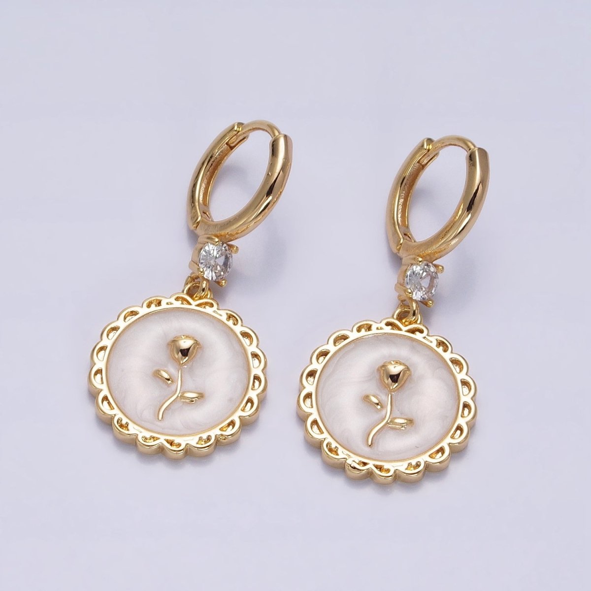 16K Gold Filled White, Pink, Blue Sparkly Enamel Rose Flower Round CZ Drop Huggie Earrings | AB1469 - AB1471 - DLUXCA