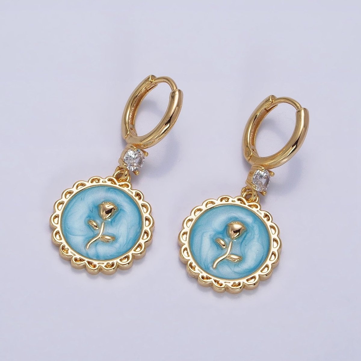 16K Gold Filled White, Pink, Blue Sparkly Enamel Rose Flower Round CZ Drop Huggie Earrings | AB1469 - AB1471 - DLUXCA