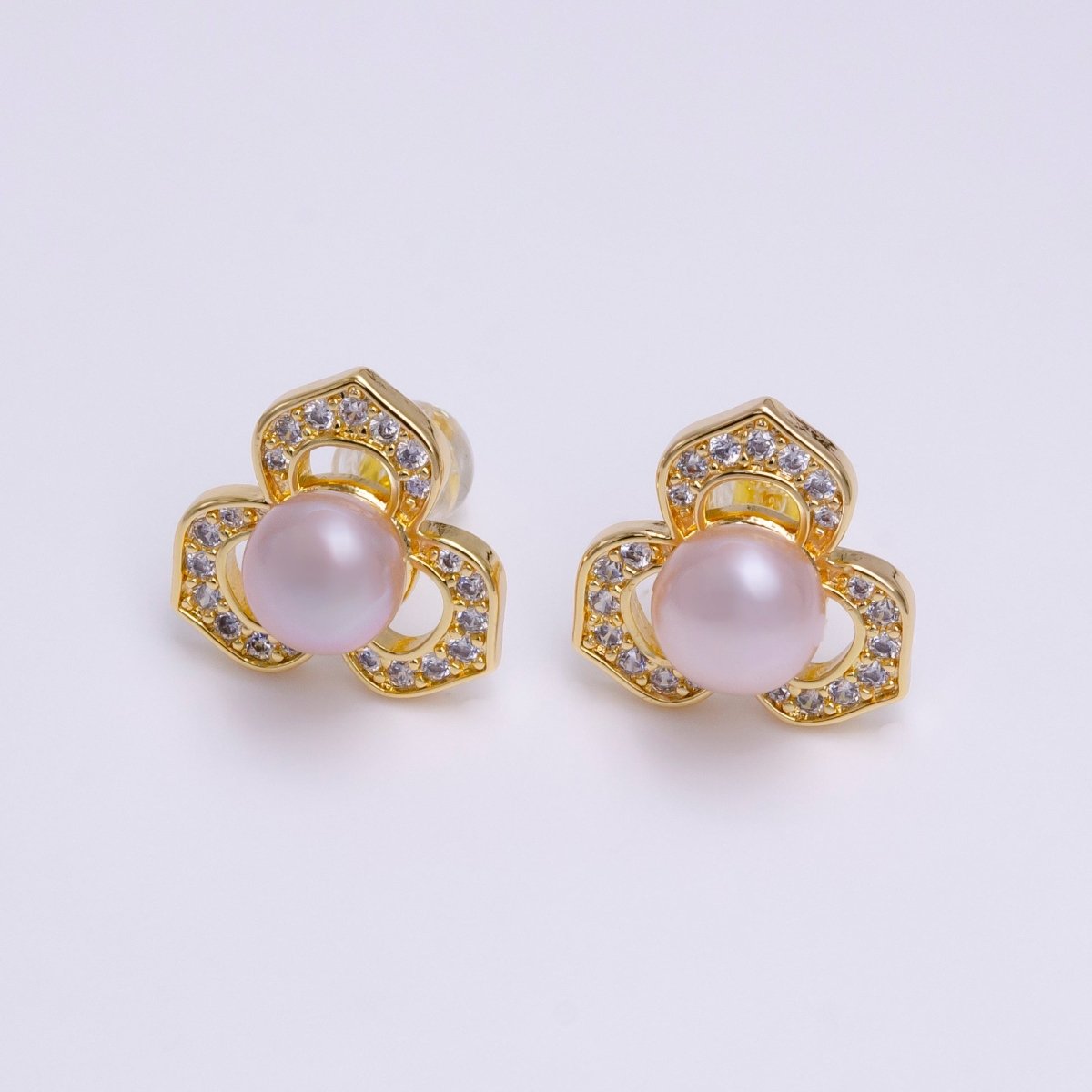 16K Gold Filled White, Pink Pearl Open Clear Micro Paved CZ Flower Stud Earrings | AE795 AE796 - DLUXCA