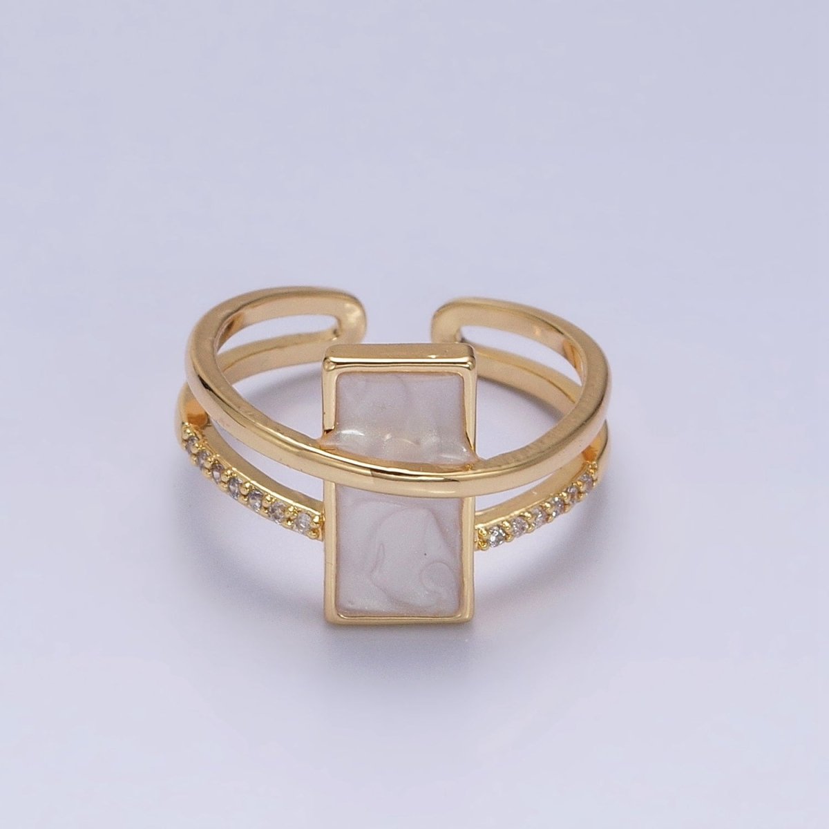 16K Gold Filled White Sparkly Enamel Bar Micro Paved CZ Double Band Ring in Gold & Silver | O-1617 O-1618 - DLUXCA