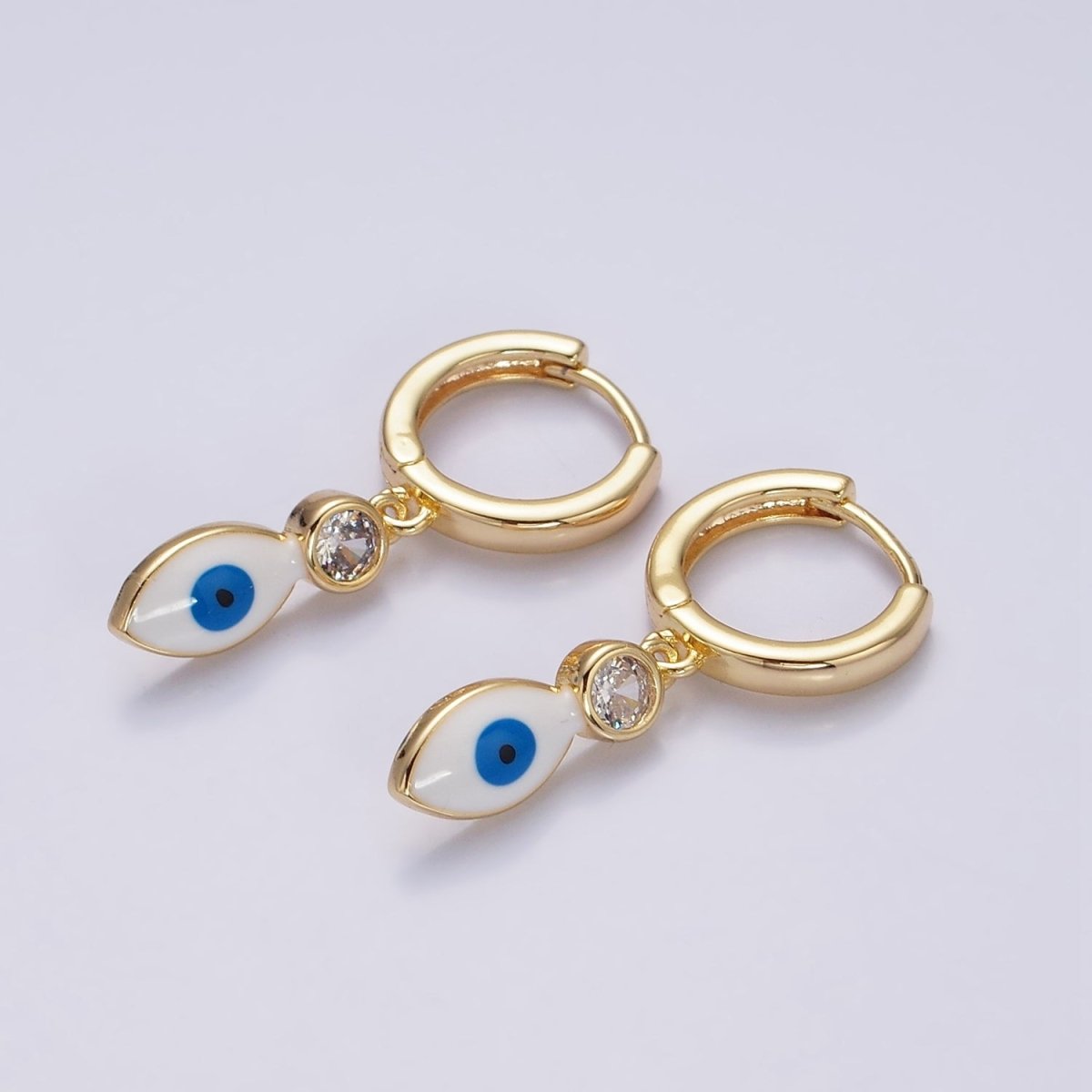 16K Gold Filled White, Teal, Black Enamel Evil Eye Drop Huggie Hoop Earrings in Gold & Silver | Y-831 ~ Y-836 - DLUXCA