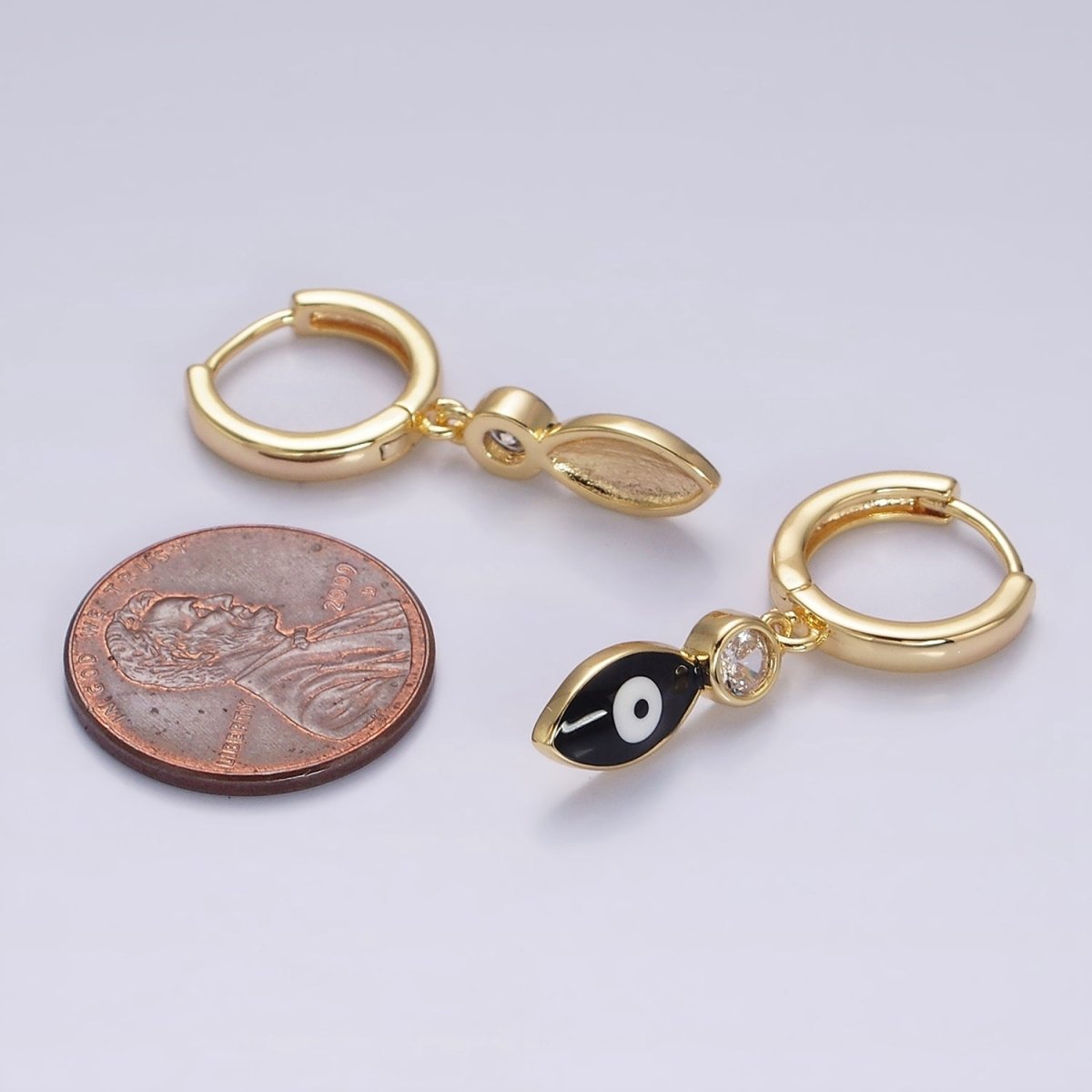 16K Gold Filled White, Teal, Black Enamel Evil Eye Drop Huggie Hoop Earrings in Gold & Silver | Y-831 ~ Y-836 - DLUXCA