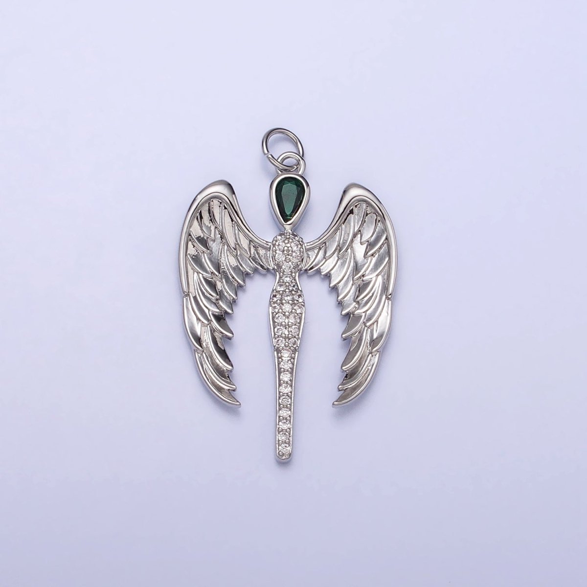 16K Gold Filled Winged Angel Micro Paved CZ Silhouette Green Teardrop Charm in Gold & Silver | AC1268 AC1269 - DLUXCA