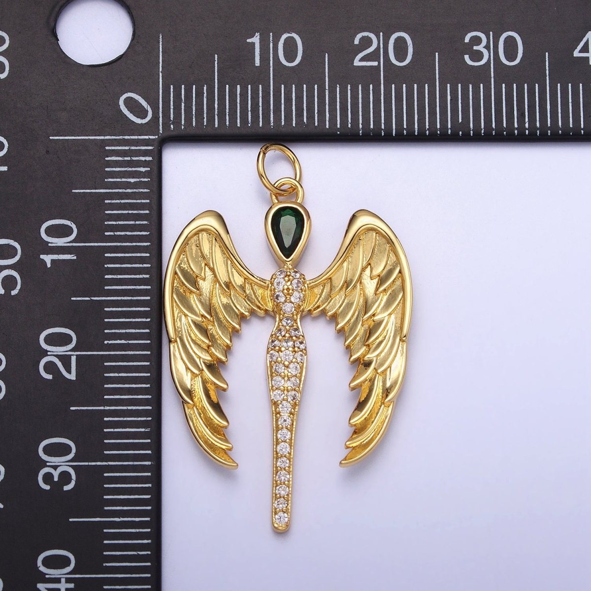 16K Gold Filled Winged Angel Micro Paved CZ Silhouette Green Teardrop Charm in Gold & Silver | AC1268 AC1269 - DLUXCA