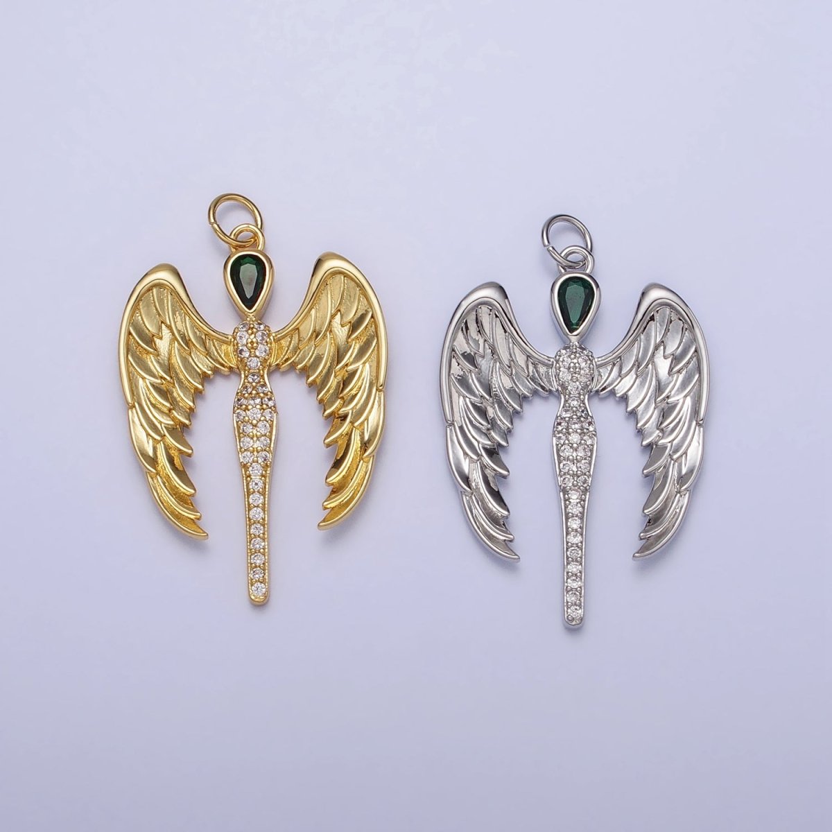 16K Gold Filled Winged Angel Micro Paved CZ Silhouette Green Teardrop Charm in Gold & Silver | AC1268 AC1269 - DLUXCA