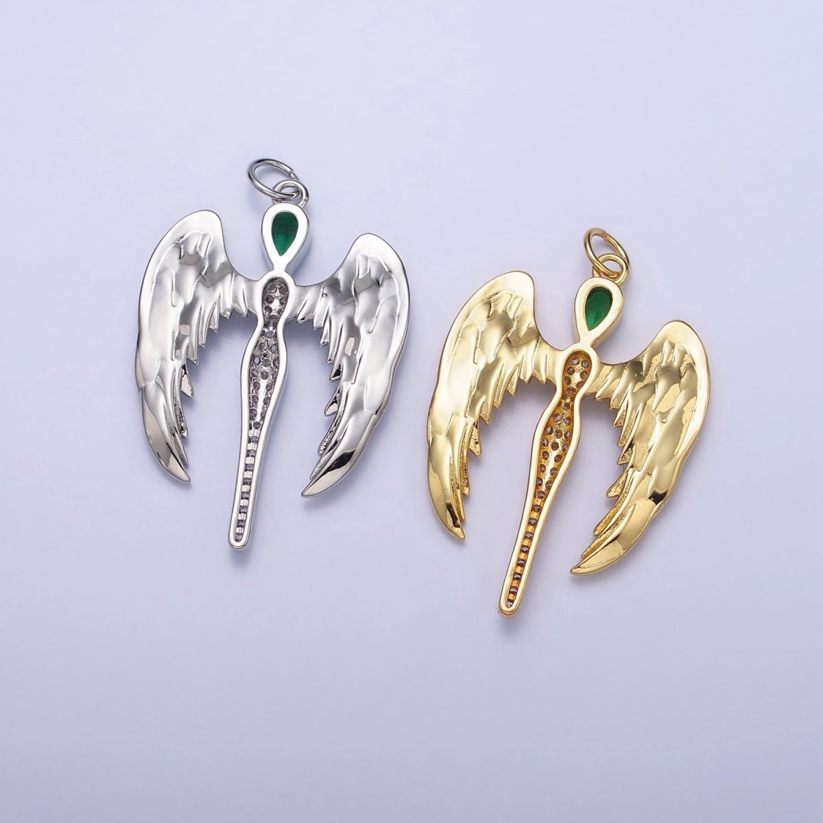 16K Gold Filled Winged Angel Micro Paved CZ Silhouette Green Teardrop Charm in Gold & Silver | AC1268 AC1269 - DLUXCA