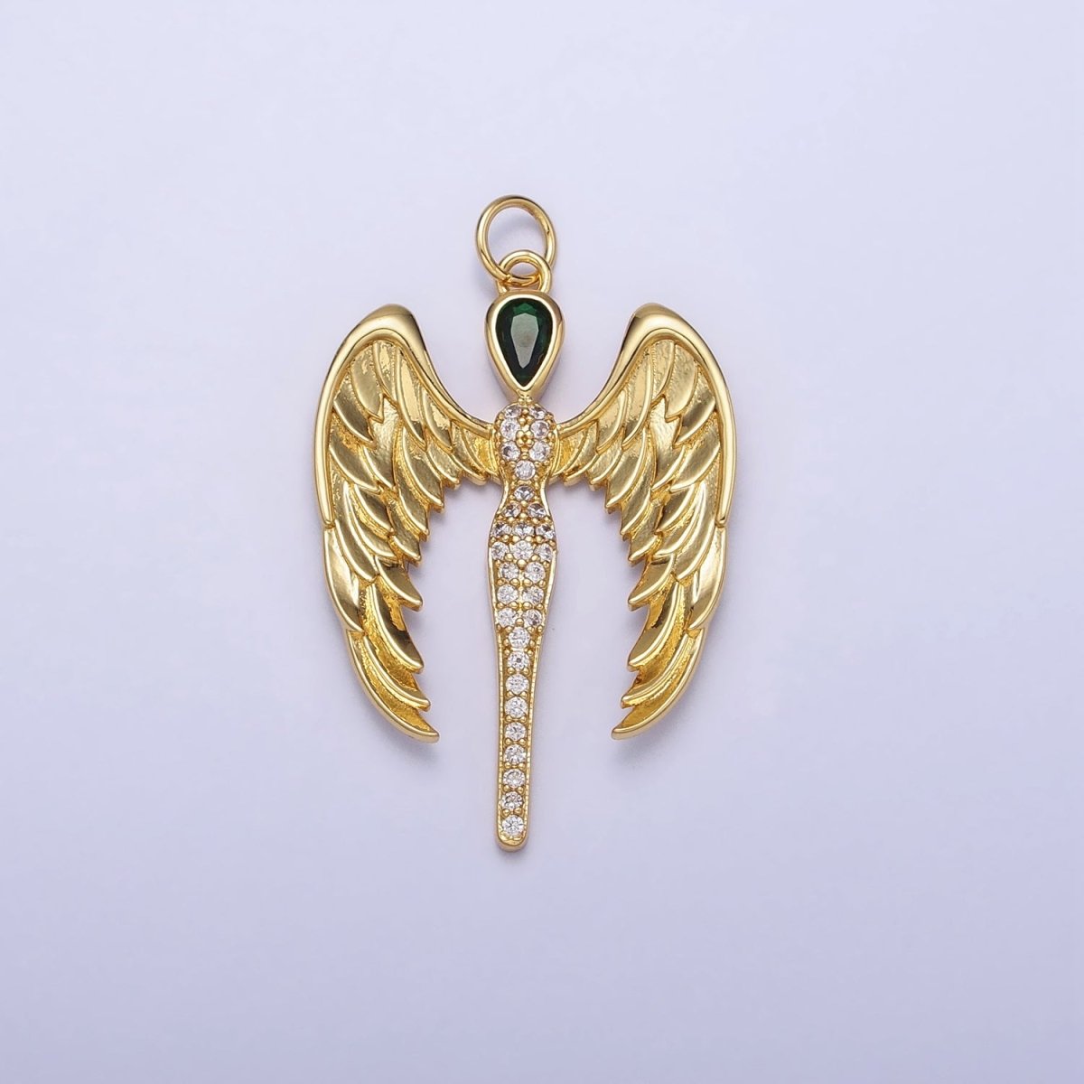 16K Gold Filled Winged Angel Micro Paved CZ Silhouette Green Teardrop Charm in Gold & Silver | AC1268 AC1269 - DLUXCA